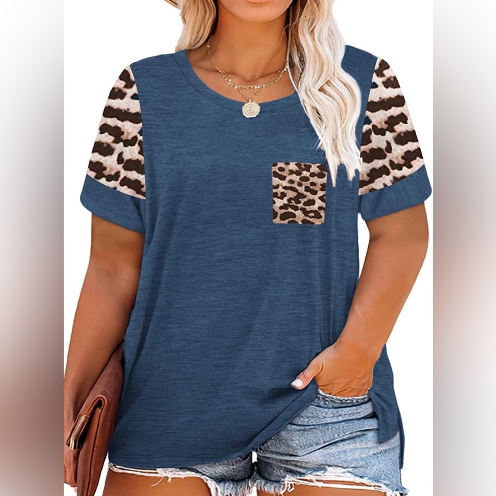 Womens Plus Size Top Leopard Print Short Sleeve Raglan Color Block Tee w Pocket